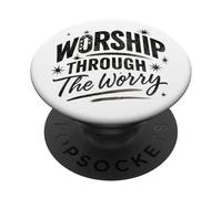 Worship Through The Worry Retro Distressed Lettering PopSockets PopGrip Adhesivo