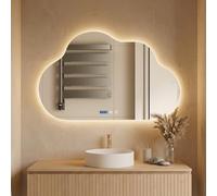 Worshow Espejo de baño LED con Forma de Nube con 3 temperaturas de Color, antivaho, indicador de Tiempo y Temperatura, Montaje en Pared, IP44, Resistente al Agua, 80 x 50 cm