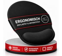 wortek Alfombrilla de ratón con cojín de gel de espuma viscoelástica - 23 x 26 cm - Alfombrilla ergonómica para ratón con reposamuñecas - Bordes cosidos - Negro