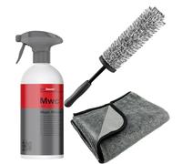 wortek - Juego de limpieza de llantas Koch Chemie Magic Wheel Cleaner, cepillo para llantas, paño de microfibra, limpiador de llantas, sin ácidos, cuidado del coche, limpiador de llantas