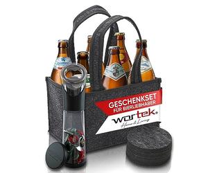 wortek Set de regalo para hombres - Bolso de mano de fieltro para hombre con 6 compartimentos - Incluye 6 cervezas bávaras de 0,5 l - Abrebotellas con recipiente colector - Juego de posavasos -