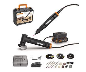 Worx 20V 2-Tool MakerX Combo Kit WX990, PowerShare, Rotary Tool+Angle Grinder, Portátil y Ligero, 1 Batería, 1 Cargador, 35pcs Accesorios