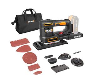WORX Lijadora múltiple inalámbrica de 18 V (20 V máx.), PowerShare, 5 en 1: orbital, acabado, detalles, contornos y lijadora de dedos, velocidad variable, 5 almohadillas de lijado, 15 papeles de