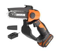 WORX Motosierra compacta inalámbrica WG324E de 12 cm y 20 V con batería de 2.0 Ah y cargador, motor ligero de alta eficiencia, diseño seguro