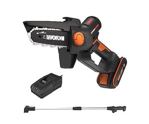WORX NITRO Mini Motosierra batería 5 Pulgadas WG325E.1, Sierra de poda con pértiga de extensión de 125 cm, Motor sin Escobillas, PowerShare 20V, 1 batería y 1 cargador incluido