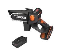 WORX WG325E Mini motosierra 20V 2Ah, con batería y cargador, una mano, motor brushless, espada 12cm, lubircación automática, para jardinería y poda