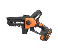 WORX WG326E Mini Motosierra 12cm 20V 2Ah PowerShare, una Mano | Cambio de cadena sin herramientas, doble protección de seguridad, cargador 1h incluido, compatible 20V/40V