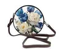 Woshuwo Bolso bandolera redondo de piel con diseño de tulipanes azules y peonías blancas para mujer