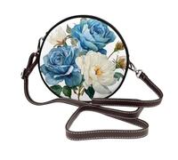 Woshuwo Bolso bandolera redondo de piel con diseño de tulipanes azules y peonías blancas para mujer