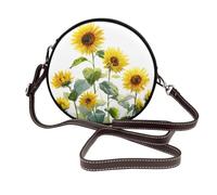 Woshuwo Bolso bandolera redondo de piel para mujer, diseño de girasoles amarillos, acuarela