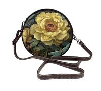 Woshuwo Bolso cruzado redondo de piel con diseño de flor de peonía amarilla con dos libélulas, para mujer