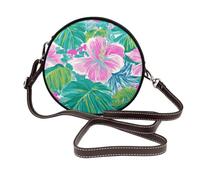 Woshuwo Bolso cruzado redondo de piel con diseño de flores tropicales rosadas para mujer