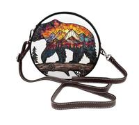 Woshuwo Bolso cruzado redondo de piel con diseño de oso que camina sobre árboles y montañas