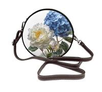 Woshuwo Bolso cruzado redondo de piel con tulipanes azules y peonías blancas para mujer