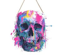 Woshuwo Cartel de bienvenida de madera con calavera de graffiti con salpicaduras de neón para puerta delantera, 30 cm, placa redonda para colgar en la pared, decoración de granja