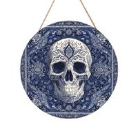 Woshuwo Cartel de bienvenida de madera con diseño de calavera en tonos blancos y azules oscuros, para puerta delantera, 30 cm, redondo, para colgar en la pared, decoración de casa de campo