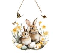 Woshuwo Cartel de bienvenida de madera con diseño de huevos de Pascua con dos bonitos conejitos en la hierba, para puerta delantera, 30 cm, redondo, para colgar en la pared, decoración de casa de