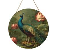 Woshuwo Cartel de bienvenida de madera con diseño de pavo real de pie cerca de un estanque de loto para puerta delantera, 30 cm, redondo, para decoración de casa de campo