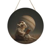 Woshuwo Cartel de bienvenida de madera con texto en inglés "Goat Reading A Book Under The Planet" para puerta delantera, 30 cm, redondo, para colgar en la pared, decoración de granja