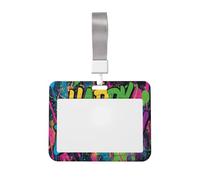 Woshuwo Colorido Graffiti Words Happy Birthday Abstract Slide ID Badge Holder Hard Plastic Work Card Case Protector de nombre para enfermeras oficina