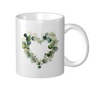 Woshuwo Corona floral de acuarela con hojas de eucalipto, taza de cerámica en forma de corazón, elegante taza de café, taza de agua para el hogar y la oficina, 325 ml