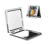 Woshuwo Espejo de maquillaje de doble cara con diseño de búho colorido, de piel sintética, portátil, compacto, de bolsillo, con lupa