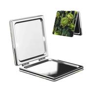 Woshuwo Espejo de maquillaje de viaje con rosa verde neón de doble cara, de piel sintética, portátil y compacto