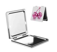 Woshuwo Espejos de bola de discoteca rosa de cerezas, espejo de maquillaje de doble cara, de piel sintética, portátil, compacto, de bolsillo, con lupa