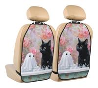 Woshuwo Gato negro en la bañera con protector de asiento de coche blanco fantasma, paquete de 2 alfombrillas con bolsillos de almacenamiento para vehículos para proteger de arañazos de barro y