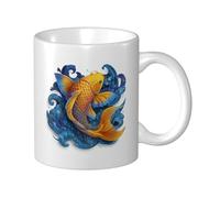 Woshuwo Golden Fish - Taza de cerámica con diseño de olas de remolino azul, elegante taza de café para agua para casa y oficina, 325 ml