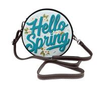 Woshuwo Hello Spring - Bolso bandolera redondo de piel para mujer, diseño de flores blancas, color azul