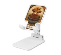Woshuwo Highland Cow In Old Wood Barrel Soporte plegable para teléfono celular, ángulo ajustable, altura de escritorio, portátil, compatible con todos los teléfonos inteligentes, estilo blanco
