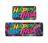Woshuwo Juego de 2 alfombras de cocina abstractas con diseño de graffiti de colores con texto en inglés "Happy Birthday", antideslizantes, para el suelo, para el pasillo, la lavandería, la cocina