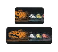 Woshuwo Juego de 2 alfombras de cocina antideslizantes con diseño de calabaza de Halloween, tres fantasmas de dibujos animados, alfombra de pasillo, alfombra de área de lavandería, decoración de
