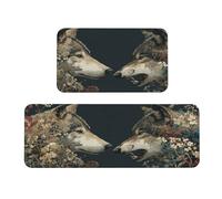 Woshuwo Juego de 2 alfombras de cocina antideslizantes con diseño de dos lobos que se enfrentan entre sí con flores