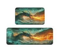 Woshuwo Juego de 2 alfombras de cocina antideslizantes con diseño de dragón que respira fuego, para cocina, lavandería, cocina