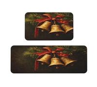 Woshuwo Juego de 2 alfombras de cocina antideslizantes con diseño de tres campanas doradas sobre ramas de pino