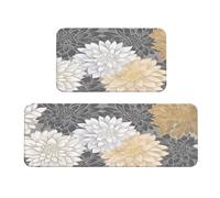 Woshuwo Juego de 2 alfombras de cocina con diseño de crisantemo color gris y blanco y dorado, antideslizantes, para el suelo, para la lavandería, decoración de la cocina
