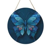 Woshuwo Letrero de bienvenida de madera con diseño de mariposa azul mística para puerta delantera, 30 cm, redondo, para colgar en la pared, decoración de granja