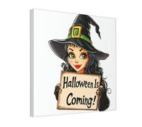 Woshuwo Lienzo decorativo para pared, diseño de bruja con texto en inglés "Halloween Is Coming", impresión estética para dormitorio, sala de estar, 30 x 30 cm, enmarcado
