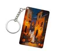 Woshuwo Llavero acrílico de noche de Halloween con diseño de fantasmas de la ciudad vieja de la calle, llaveros de moda para coche, cadenas acrílicas para hombres y mujeres