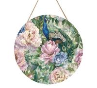 Woshuwo Majestic - Cartel de bienvenida de madera con plumas azules y verdes para puerta delantera, 30 cm, redondo, para colgar en la pared, decoración de casa de campo