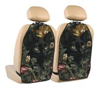Woshuwo Protectores de asiento de coche con diseño de flores de gato negro y flores oscuras, paquete de 2 alfombrillas con bolsillos de almacenamiento para proteger de la suciedad, el barro y los
