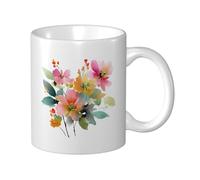Woshuwo Ramo de acuarela de flores rosadas, naranjas y verdes, taza de cerámica, elegante taza de café, taza de agua para el hogar y la oficina, 325 ml