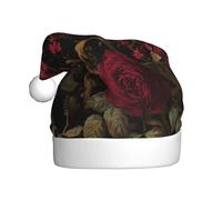 Woshuwo Roses In Deep Crimson and Black Santa Hat Adult Christmas Headwear Novelty Christmas Hat
