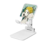 Woshuwo Soporte plegable para teléfono celular con diseño de perro blanco con flores amarillas, ángulo ajustable, altura de escritorio, portátil, compatible con todos los teléfonos inteligentes