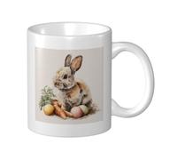 Woshuwo Taza de cerámica con diseño de conejito de acuarela con huevos de Pascua, zanahorias, elegante taza de café, taza de agua para el hogar y la oficina, 325 ml