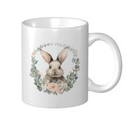 Woshuwo Taza de cerámica con diseño de conejo de Pascua con flores rosadas, corona de vegetación, elegante taza de café, taza de agua para el hogar y la oficina, 325 ml