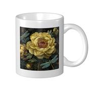 Woshuwo Taza de cerámica con diseño de flor de peonía amarilla, dos libélulas, elegante taza de café para agua para oficina en casa 325 ml