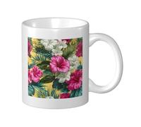 Woshuwo Taza de cerámica con flores blancas y rosas tropicales, elegante taza de café, taza de agua para casa y oficina, 325 ml